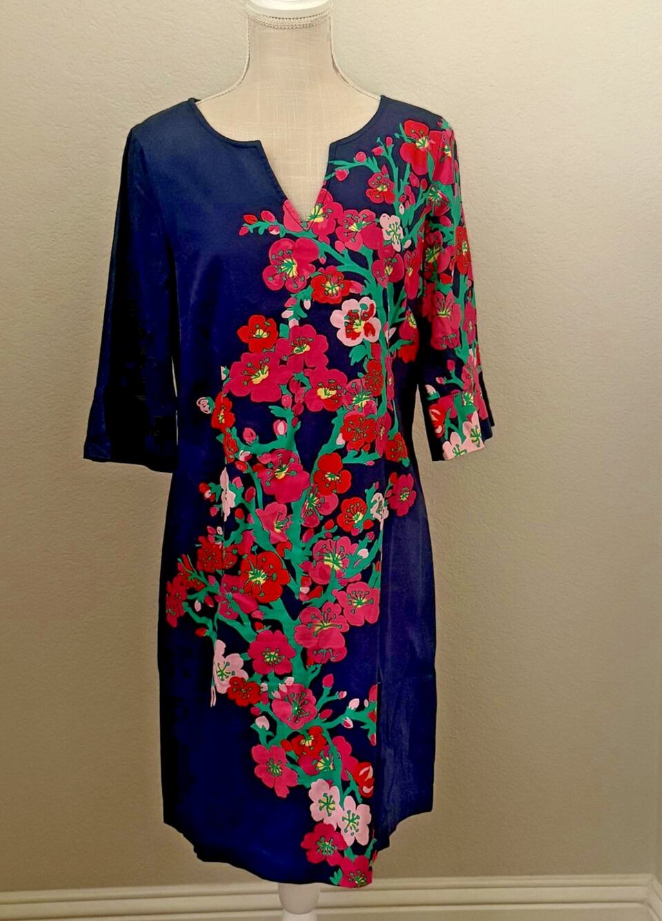 Lilly Pulitzer Womens Navy Blue Pink Floral 100% Cotton Shift Dress Size 10